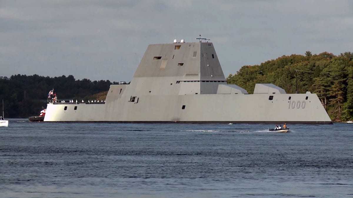 160907-N-N0101-002 BATH, Maine (Sept. 7, 2016) Video frame grab showing the future USS Zumwalt (DDG 1000) departing Bath Iron Works marking the beginning of a 3-month journey to its new homeport in San Diego. Crewed by 147 Sailors, Zumwalt is the lead ship of a class of next-generation multi-mission destroyers designed to strengthen naval power. They are capable of performing critical maritime missions and enhance the Navy's ability to provide deterrence, power projection and sea control. (U.S. Navy video/Released)